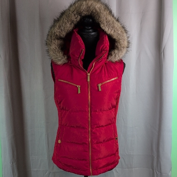 Michael Kors Red Quilted Hooded Vest - Picture 1 of 16